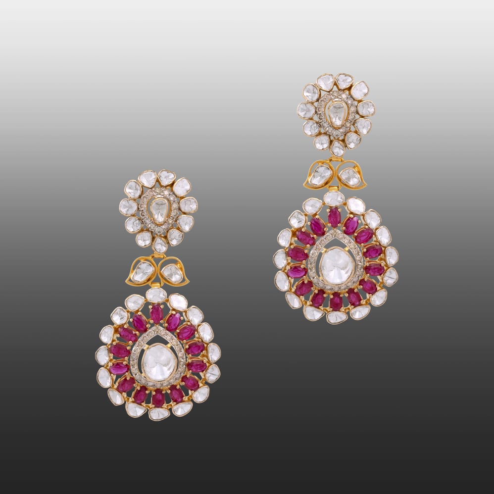 Polki and Ruby Halo Danglers with Floral Drop